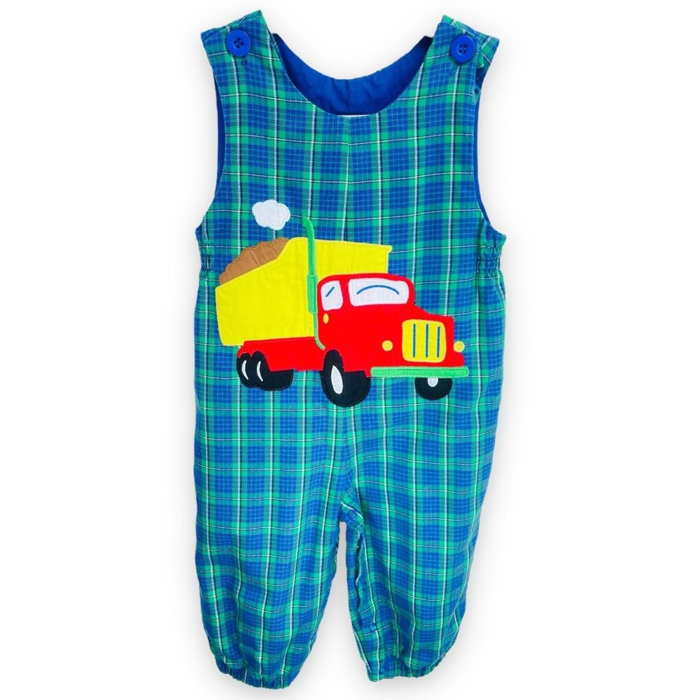 Vintage Green Plaid Construction Truck Appliqué Longalls Romper Outfit 18m